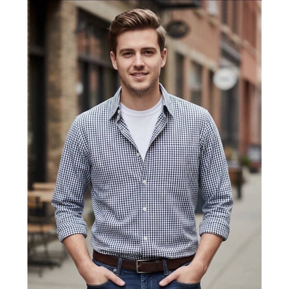 J.Crew Mens Slim Fit Button Up Shirt Black White Gingham Plaid Size Small